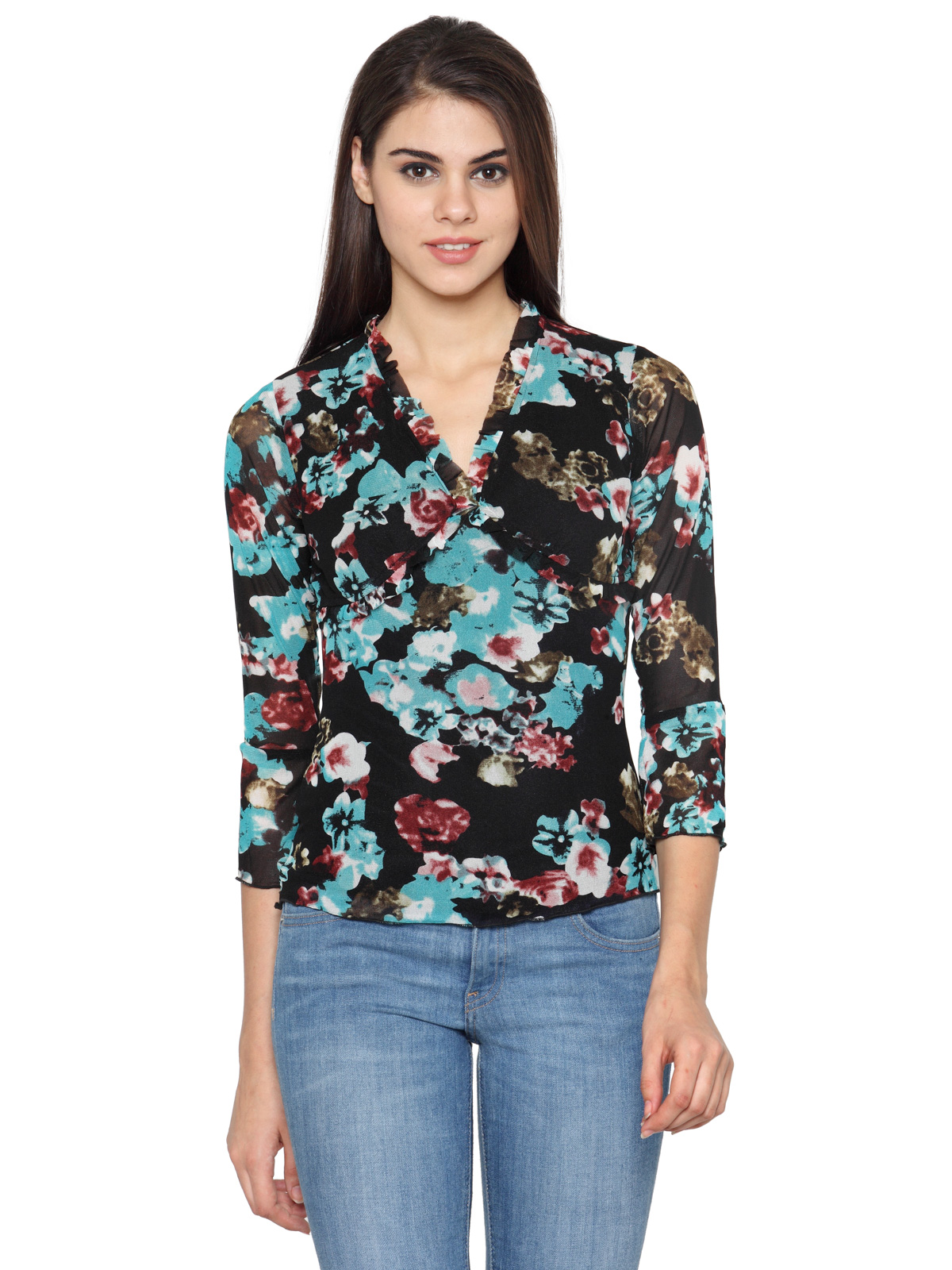 Ruffled 3/4th sleeve printed regular top